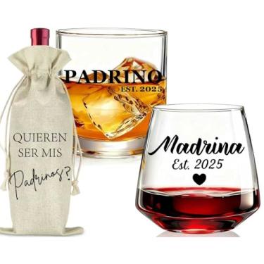 Imagem de Godparents Gifts-Set de Regalo para Padrinos – Copa de Vino para Madrina (400 ml), Vaso de Whisky para Padrino y Bolsa Elegante – Regalo de Bautizo o Agradecimiento para Padrinos