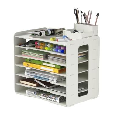 Imagem de bimiti Organizador de papel A3 28 x 43 cm com 7 compartimentos, suporte de armazenamento de mesa de PVC para materiais de scrapbook, documentos de escritório e materiais de arte escolar - Design