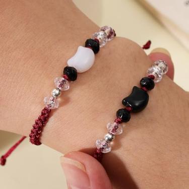 Imagem de 2 pulseiras de gato preto e branco fofas pulseiras de pedra da lua natural para casais, pulseiras minimalistas, joias de festa feitas à mão, presentes, One Size, Resina, Sem Pedra Preciosa