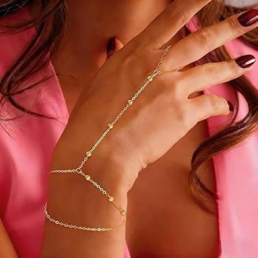 Imagem de Pulseiras de ouro para mulheres - Corrente de mão banhada a ouro real com anel, elo de clipe de papel empilhável fino, joia moderna para presente e uso próprio, One Size, Baixo, Sem pedra