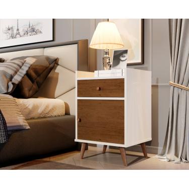 Imagem de Estilo Retrô Pés Palito Mesa de Cabeceira 1 gaveta 1 porta - 1313 Perola com Caramelo - Comprar Moveis Em Casa
