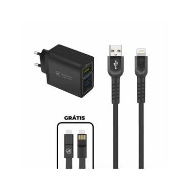 Imagem de Kit Carregador Triplo Turbo + Cabo Dual Shock Lightning + Cabo 3 em 1  - Gshield
