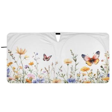 Imagem de Blueangle Guarda-sol para para-brisa flores silvestres e borboletas - 149.9 cm x 76.2 cm dobrável carro janela frontal blocos para-sol raios UV viseira de sol (341)