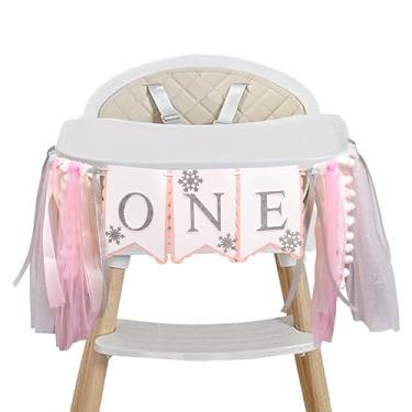 Imagem de Eurteka Faixa de cadeira alta Floco de neve - Banner de cadeira alta Winter Wonderland, decoração de floco de neve com glitter rosa e prata para decoração de primeira festa de aniversário (faixa de