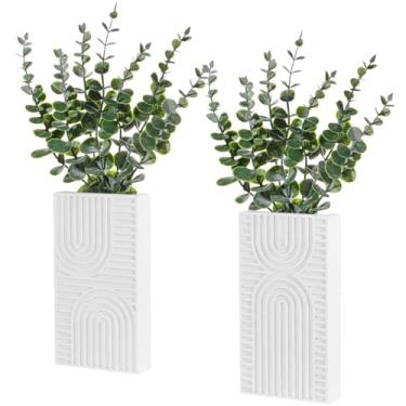 Imagem de Ninehaoou Pacote com 2 vasos de parede de madeira boêmia com casa de fazenda de eucalipto artificial boho para decoração de parede para casa moderna, sala de estar, entrada, corredor, sala de jantar