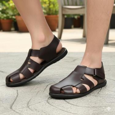 Imagem de Sandália De Couro Masculina Confortável Franciscana percata para idoso