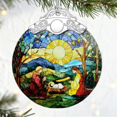 Imagem de Presentes cristãos: Ornamento de presépio de vitral | Enfeites de Natal (enfeites de árvore de Natal), decoração de férias cristãs, decoração de família sagrada, presentes religiosos, presente de