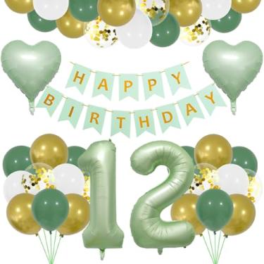 Imagem de Balões verde-oliva conjunto de decoração de aniversário de 12 anos, decoração de aniversário de 12 anos, decoração de guirlanda verde feliz 12 anos meninas meninos balão de alumínio decoração de 12