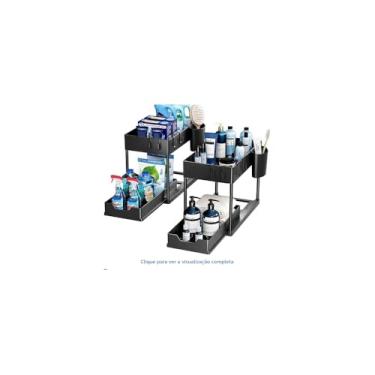 Imagem de Organizador Multiuso 2 Níveis com Bandeja Corrediça, Metal e Plástico PP, Branco, 40x35x22cm, para Banheiro e Cozinha