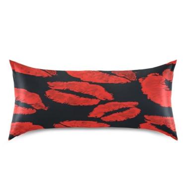 Imagem de Qilmy Fronha de cetim com batom vermelho para cabelo e pele, capa de almofada de seda refrescante macia e respirável com fecho de envelope, tamanho king size 50 x 101 cm