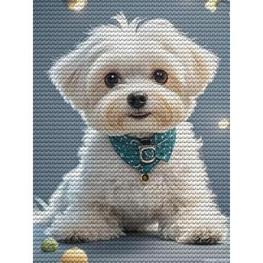 Imagem de UPABLUNSO Adorável cachorro maltês arte diamante arte kits de parede redondo completo broca diamante pontos pinturas imagem pedra arte artesanato para banheiro sala de estar quarto decoração presentes