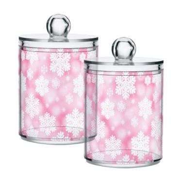 Imagem de Qilmy Suporte Qtip Pink Snowflakes, pacote com 2, frascos de boticário de 400 ml, vasilha organizadora de banheiro para cotonetes, bolas de algodão, almofadas de maquiagem, fio dental, sais de banho