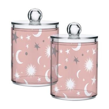 Imagem de Qilmy Qtip Suporte de boticário de 400 ml, frasco de plástico transparente Starts and Moon com tampa, dispensador de recipiente de banheiro para bola de algodão, cotonete, fio dental, pacote com 2