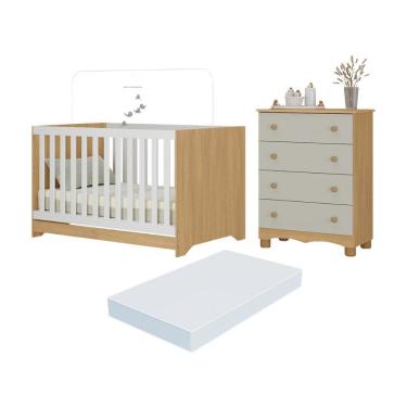 Imagem de Berço Americano 3 em 1 com Colchão Incluso e Cômoda 4 Gavetas Dengo Multimóveis MP4702