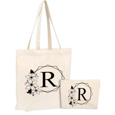 Imagem de Sacola de lona inicial, presentes personalizados, adequada para casamento, aniversário, praia, férias, trabalho, dia das mães, conjunto de bolsa de cosméticos de Natal e sacola de presente monograma