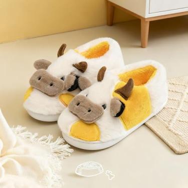 Imagem de Chinelos de vaca felpudos para crianças fofas de vaca fofa, chinelos de casa, crianças, meninas, meninos, desenhos animados, sapatos de casa para uso interno e externo, Amarelo, 9-10.5 Toddler