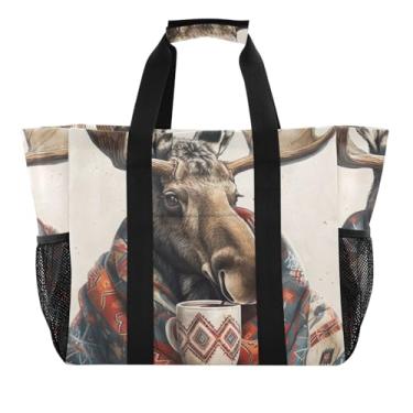 Imagem de ODAWA Linda bolsa de compras à prova d'água com alce de inverno à prova de areia, bolsa de praia dobrável à prova d'água, Lindo alce de inverno, One Size