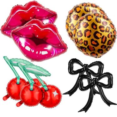 Imagem de BlissBash 8 peças com estampa de guepardo, lábios vermelhos cereja, balões de folha de laço preto para decorações de aniversário com estampa de leopardo, despedida de solteira, festa de despedida de