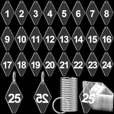 Imagem de Fuyoooo 25 peças de etiquetas numéricas de losango de acrílico transparente 1-25 com chaveiros de metal, etiquetas de chave numeradas duráveis para chaves de hotel
