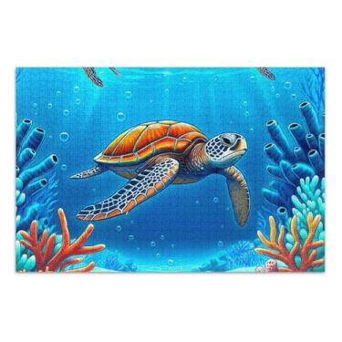 Imagem de Tartarugas marinhas água azul adultos quebra-cabeça 500 peças arte animal flor difícil família quebra-cabeça elefante branco presentes engraçado, 51 x 35 centímetros