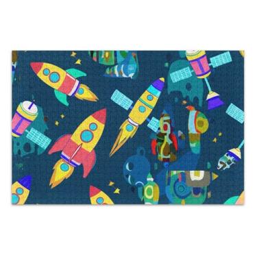 Imagem de Quebra-cabeça de desenho animado colorido foguete azul espaço 500 peças para adulto elefante branco quebra-cabeça exclusivo pintura de arte floral, 51 x 37 centímetros
