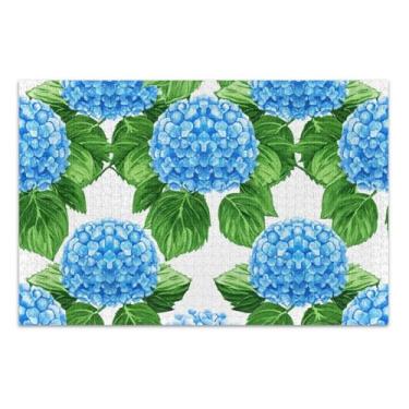 Imagem de Quebra-cabeça 1000 peças adulto azul hortênsia flores folhas verdes pintura animal arte difícil quebra-cabeça família elefante branco presentes, 75 x 40 centímetros