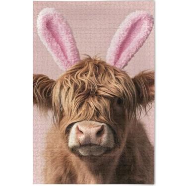 Imagem de Quebra-cabeças personalizados de coelhinho de vaca Highland da Páscoa, 500 peças, presentes de jogo para adultos, amigos, família, presente divertido, quebra-cabeça animal, arte floral, 52 x 37,8 cm