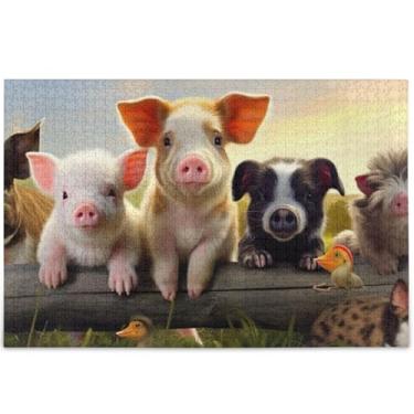 Imagem de Quebra-cabeça de animais de fazenda de porcos fofos adultos 1000 peças arte engraçada quebra-cabeça duro jogo de arte, 75 x 50 cm
