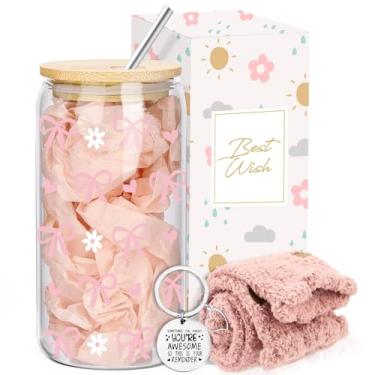 Imagem de wangxitumug Copo de vidro com tampa e canudo, lata de vidro estética de café gelado, presente ideal para presentes de aniversário de Natal para meninas adolescentes presentes na moda (lata de vidro de