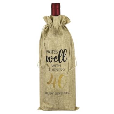 Imagem de PATIKIL Saco de garrafa de vinho para presente de aniversário de 40 anos de 15 x 35 cm, 1 pacote reutilizável para decoração de vinho com cordão para festas de chá de amigos, bege