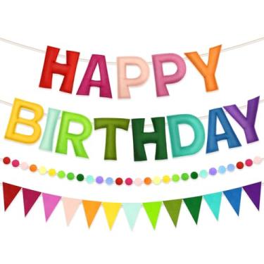 Imagem de Faixa de feliz aniversário pré-amarrada - Guirlanda bola de feltro decorações de feliz aniversário placa de cores arco-íris colorida decoração de festa para mulheres homens crianças