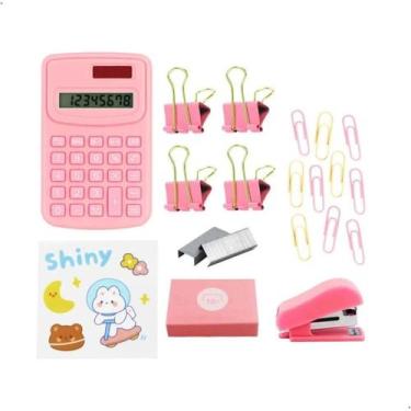 Imagem de Kit EscritórioEscolar 90 itens com Calculadora Clips Grampeador Rosa P