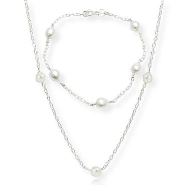 Imagem de Conjunto Colar e Pulseira Perola Natural Agua Doce Prata 925 - Lojas L