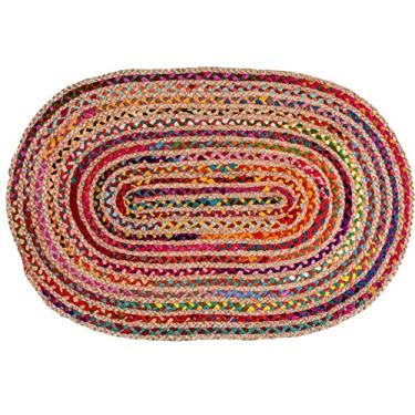 Imagem de Tapete Trançado Chindi de Algodão – Tapete Boho Farmhouse Rustic Area Accent – Algodão Reciclado Natural Reversível Feito à Mão – Presente de Decoração de Casa para Sala de Estar – 5 cm x 7 cm Oval