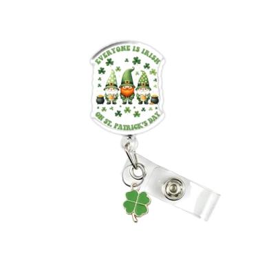 Imagem de Carretel de crachá de gnomo do dia de São Patrício, suporte retrátil para crachá trevo verde com clipe jacaré, suporte de etiqueta de identificação Lucky Clover, presente para enfermeira, médico