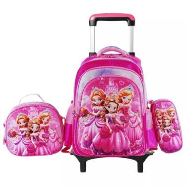 Imagem de Mochila escolar de rodinhas com LED, kit 3 peças com mochila. lancheira forrada e estojo, para meninos e meninas de 6 a 12 anos (3 PRINCESAS)