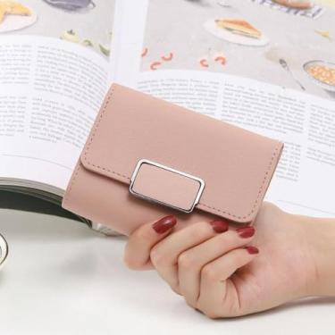 Imagem de Carteira de couro pequena feminina com fivela de metal azul, rosa
