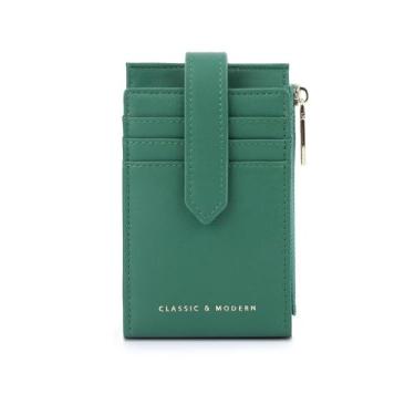 Imagem de Carteiras femininas de couro verdes pequenas e minimalistas com bloqueio de RFID com zíper com moeda de grande capacidade, fina, 3 cartões de crédito