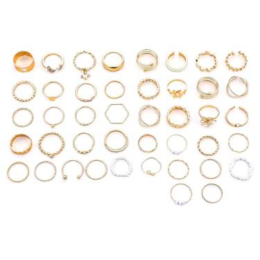 Imagem de YBEATY Anéis empilháveis de ouro vintage dedo médio bonito boho moderno conjunto de juntas delicadas torção cúbica anéis ocos coração pérola cristal joia para mulheres adolescentes meninas aniversário