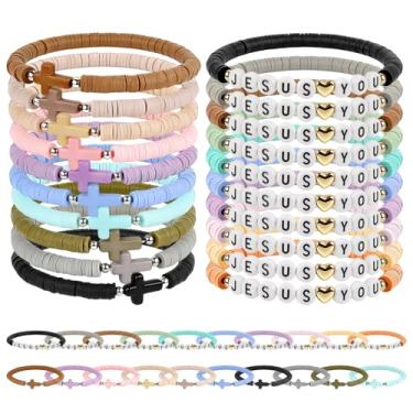 Imagem de Galaton Pulseiras de cruz, pulseiras de amizade coloridas feitas à mão com contas de argila cristãs para mulheres e homens, pulseiras coloridas religiosas da amizade, presentes de lembrete inspirador