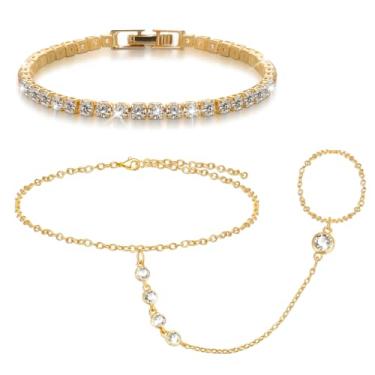 Imagem de JATEBI Pulseira de corrente de mão de anel de ouro para mulheres, banhado a ouro 14 k, conjunto de pulseiras de corrente de elos de zircônia cúbica banhadas a ouro 14 k, joias modernas e modernas, One