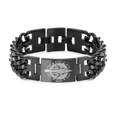 Imagem de Hipunk Pulseira masculina de aço inoxidável com elos viking - mitologia nórdica, nó celta, lua crescente, triskelion, triskele, martelo de Thor, pulseira de corrente preta, One Size, Aço inoxidável