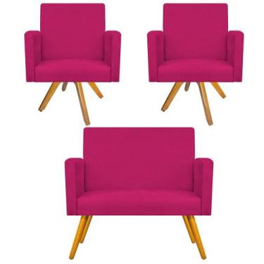 Imagem de Kit Namoradeira e 02 Poltronas Beatriz Base Giratória de Madeira Suede