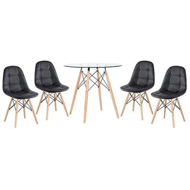 Imagem de Loft7 Home Decor, Kit Mesa de vidro Eames 80 cm + 4 cadeiras estofadas Eiffel Botonê preto