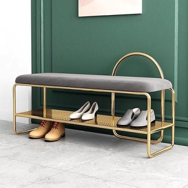 Imagem de Banco de armazenamento de sapatos resistente com assento de veludo 2 camadas banco de metal dourado para entrada, sala de estar, corredor, organizador elegante e funcional