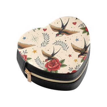 Imagem de Burbuja Caixa de joias em forma de coração de rosa andorinha mini estojo de joias de viagem para mulheres e meninas, estojo portátil organizador de armazenamento para brincos, anéis, colares e