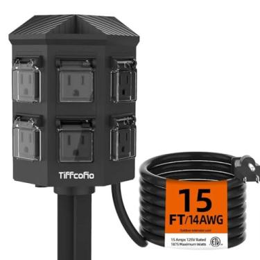 Imagem de TiFFCOFiO Faixa elétrica externa à prova de intempéries, cabo de extensão de 4,5 m com estaca, 6 tomadas aterradas para decorações de quintal de Natal e infláveis, 15A/1875W, listado ETL