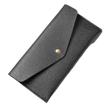 Imagem de Carteira longa feminina estilo envelope com fecho de pressão - Bolsa fina de poliuretano, 20 x 10 cm, 70 g (preto, vermelho, café, azul), Preto, Clássico