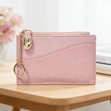 Imagem de Carteira pequena feminina, porta-cartões de poliuretano fino com corrente de metal, 3 compartimentos para cartões e compartimento para moedas, carteira minimalista com janela para identidade e bolso