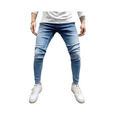 Imagem de Calça Jeans Masculina Slim Fit Rasgada De Cintura Alta Estilo Hip-Hop 